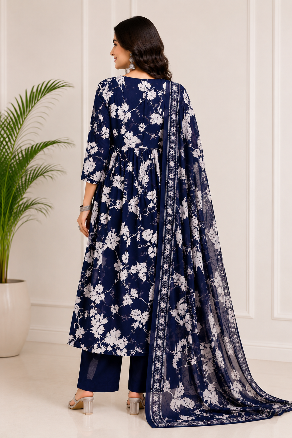 Midnight Bloom Pure Cotton Navy Blue Floral Kurta Set with Dupatta for Women