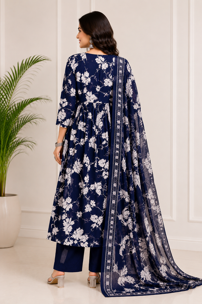 Midnight Bloom Pure Cotton Navy Blue Floral Kurta Set with Dupatta for Women