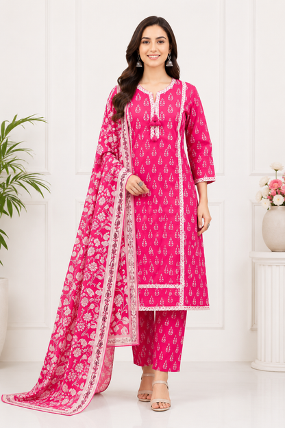 Pink Petal Pure Cotton Printed Kurta Set with Floral Dupatta for Women