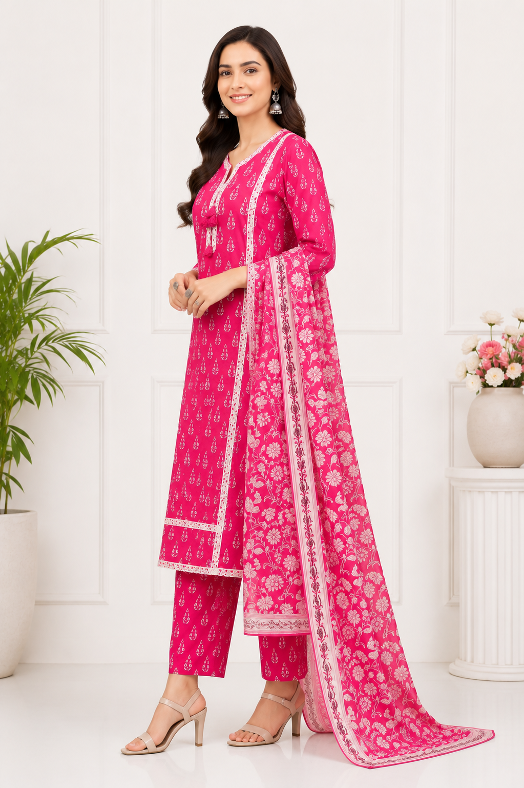 Pink Petal Pure Cotton Printed Kurta Set with Floral Dupatta for Women