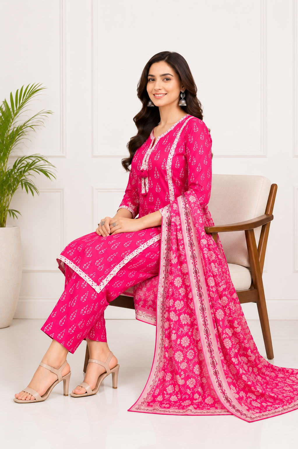 Pink Petal Pure Cotton Printed Kurta Set with Floral Dupatta for Women