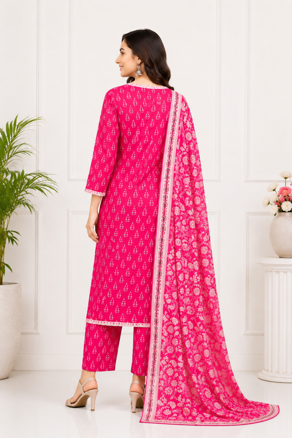 Pink Petal Pure Cotton Printed Kurta Set with Floral Dupatta for Women