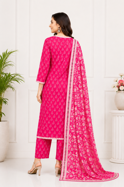 Pink Petal Pure Cotton Printed Kurta Set with Floral Dupatta for Women