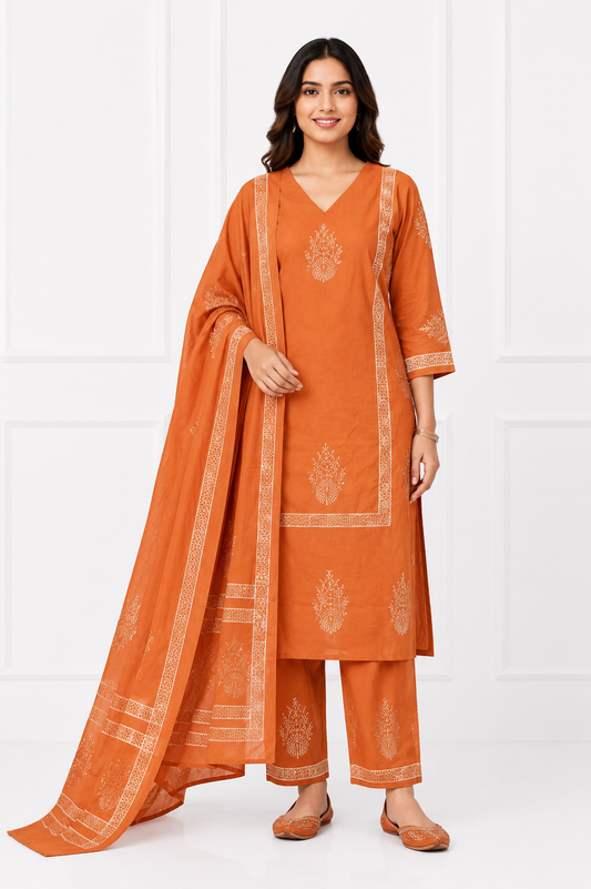Rust Heritage Pure Cotton Printed Kurta Set with Dupatta for Women