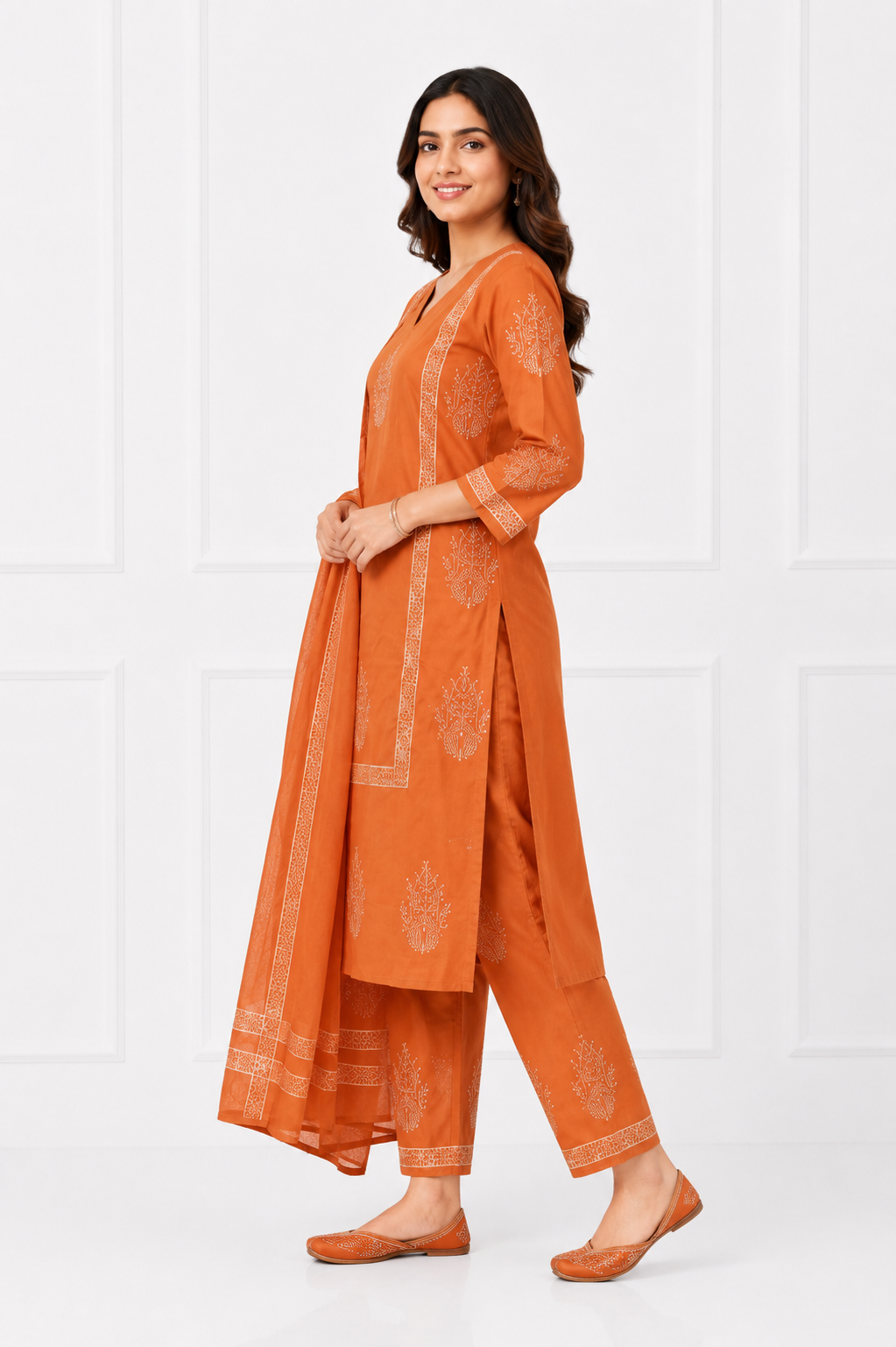 Rust Heritage Pure Cotton Printed Kurta Set with Dupatta for Women
