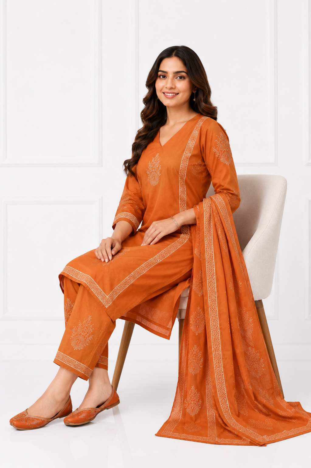 Rust Heritage Pure Cotton Printed Kurta Set with Dupatta for Women