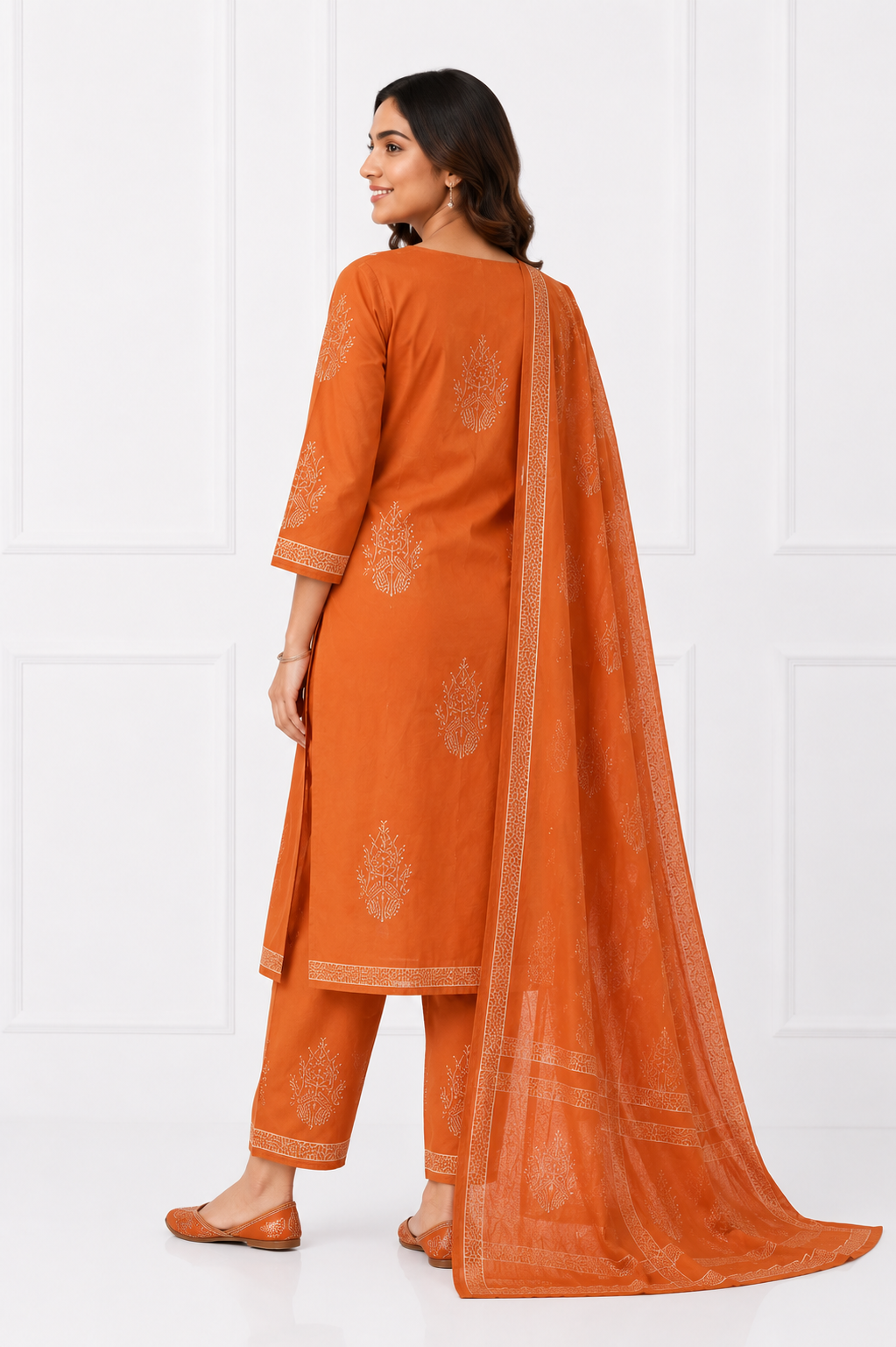 Rust Heritage Pure Cotton Printed Kurta Set with Dupatta for Women