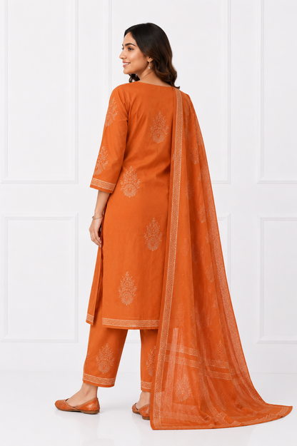 Rust Heritage Pure Cotton Printed Kurta Set with Dupatta for Women