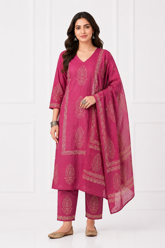 Rosewood Grace Pure Cotton Printed Kurta Set with Dupatta for Women