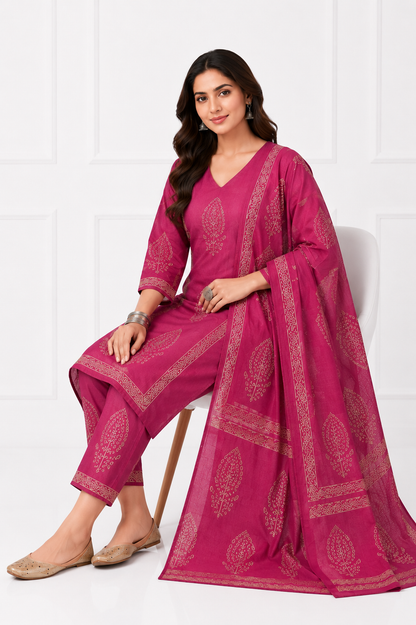 Rosewood Grace Pure Cotton Printed Kurta Set with Dupatta for Women