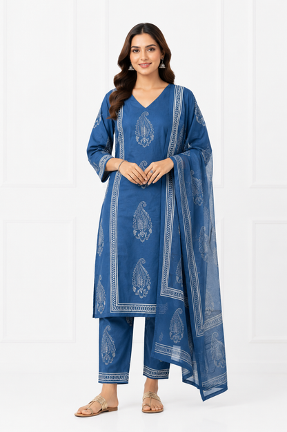 Royal Indigo Pure Cotton Printed Kurta Set with Dupatta for Women