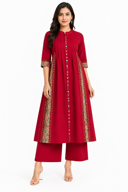 Maroon Embroidered Cotton Blend A-Line Kurta with Palazzo Set for Women