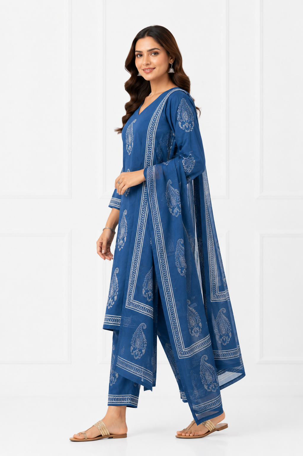 Royal Indigo Pure Cotton Printed Kurta Set with Dupatta for Women