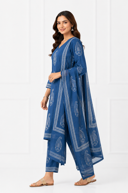 Royal Indigo Pure Cotton Printed Kurta Set with Dupatta for Women