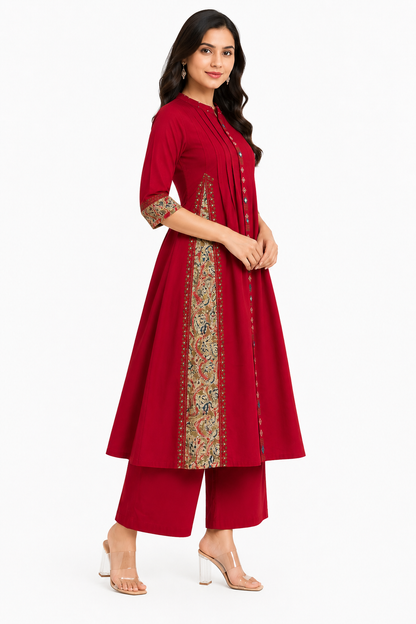Maroon Embroidered Cotton Blend A-Line Kurta with Palazzo Set for Women