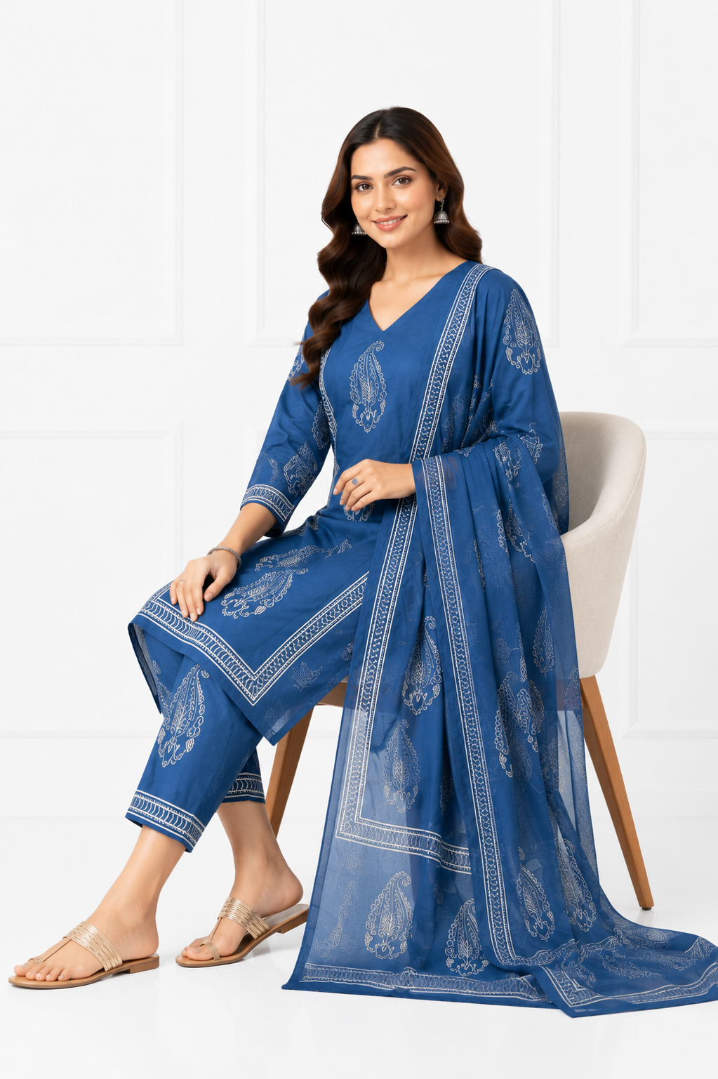 Royal Indigo Pure Cotton Printed Kurta Set with Dupatta for Women