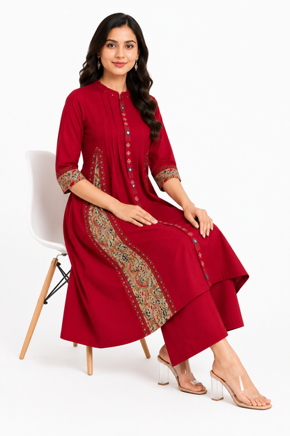 Maroon Embroidered Cotton Blend A-Line Kurta with Palazzo Set for Women