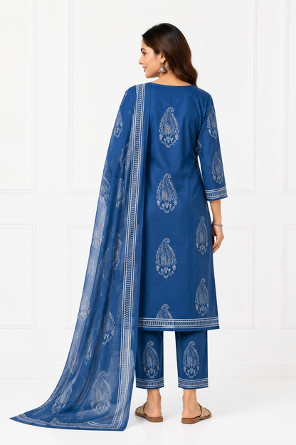 Royal Indigo Pure Cotton Printed Kurta Set with Dupatta for Women