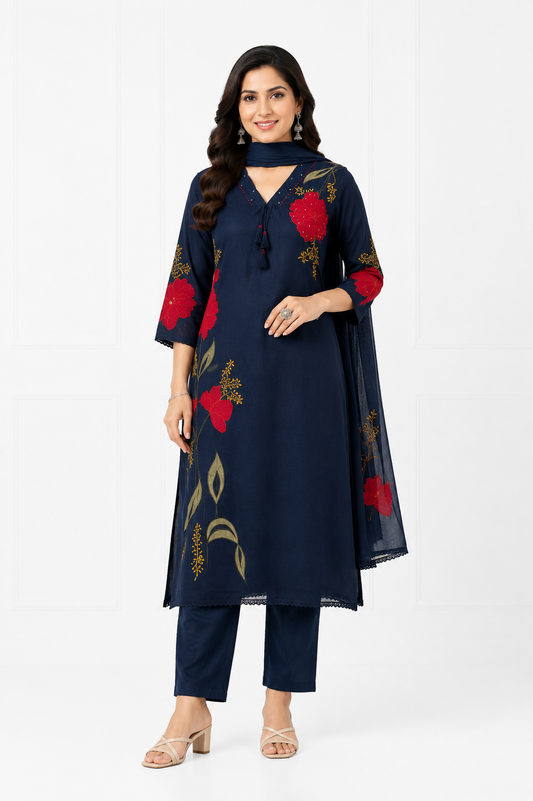 Mulmul A-Line Appliqué Embroidered Kurta Set with Attached Lining & Hand Work Dupatta for Women