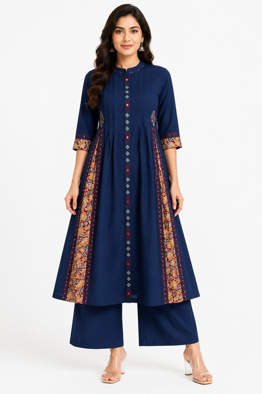 Women's Navy Blue Cotton Blend Printed A-Line Kurta with Palazzo Set