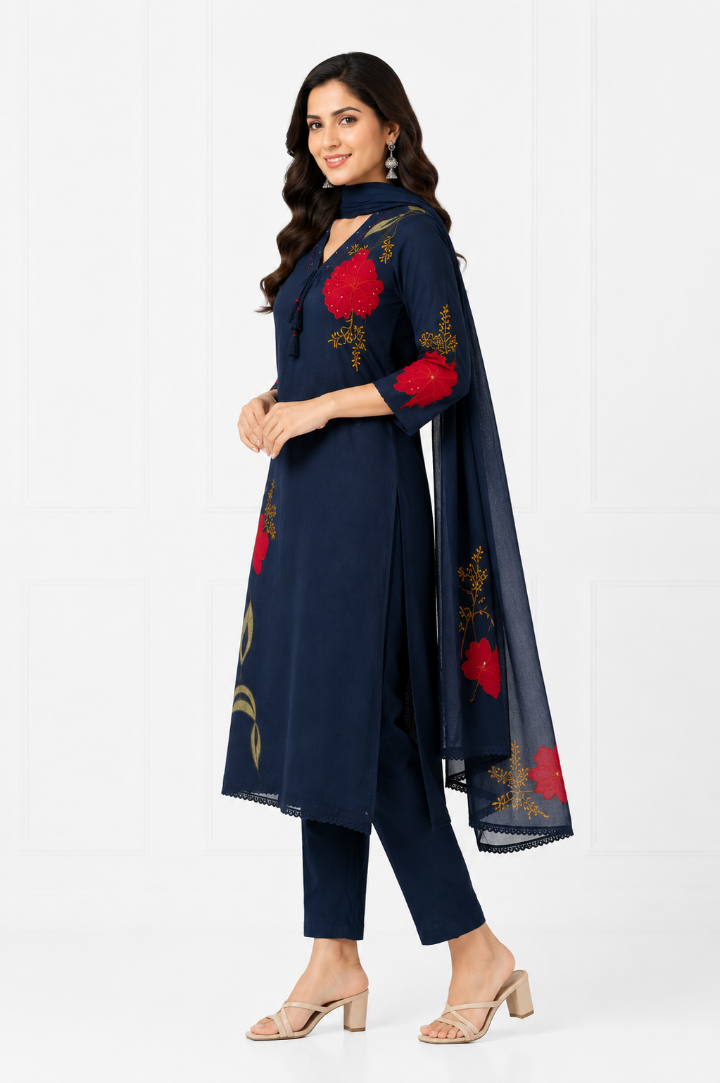 Mulmul A-Line Appliqué Embroidered Kurta Set with Attached Lining & Hand Work Dupatta for Women
