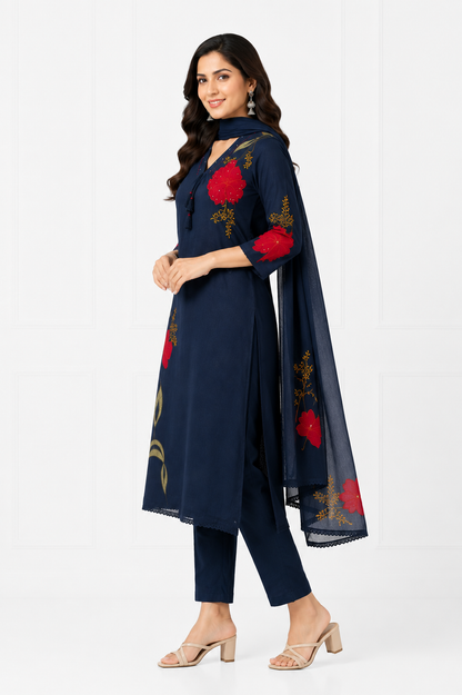 Mulmul A-Line Appliqué Embroidered Kurta Set with Attached Lining & Hand Work Dupatta for Women
