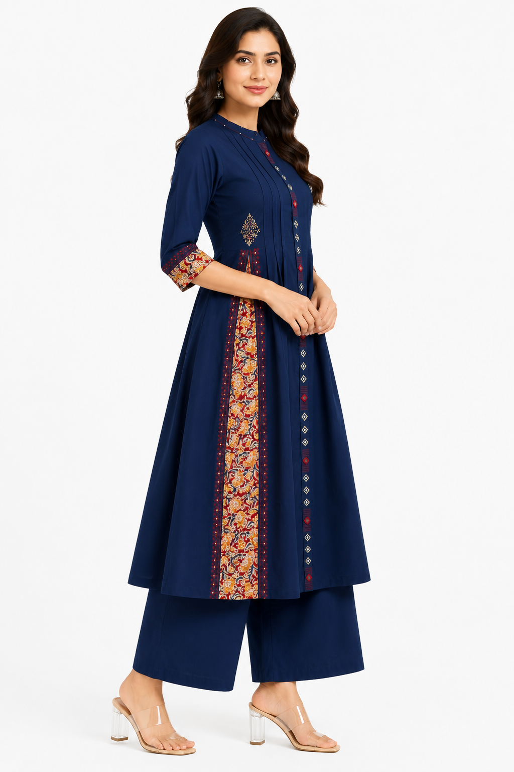 Women's Navy Blue Cotton Blend Printed A-Line Kurta with Palazzo Set