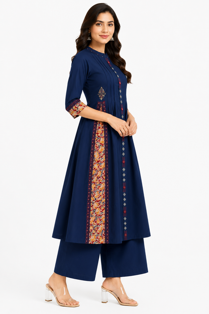 Women's Navy Blue Cotton Blend Printed A-Line Kurta with Palazzo Set