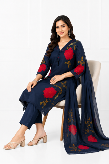Mulmul A-Line Appliqué Embroidered Kurta Set with Attached Lining & Hand Work Dupatta for Women