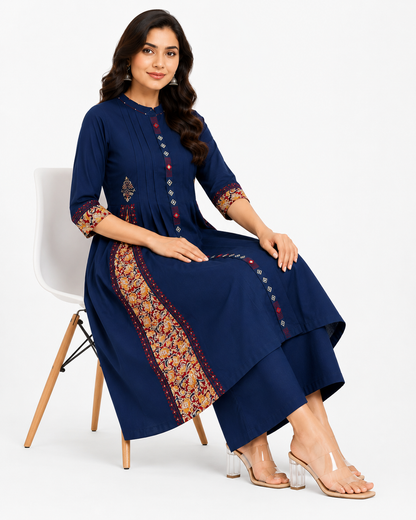 Women's Navy Blue Cotton Blend Printed A-Line Kurta with Palazzo Set