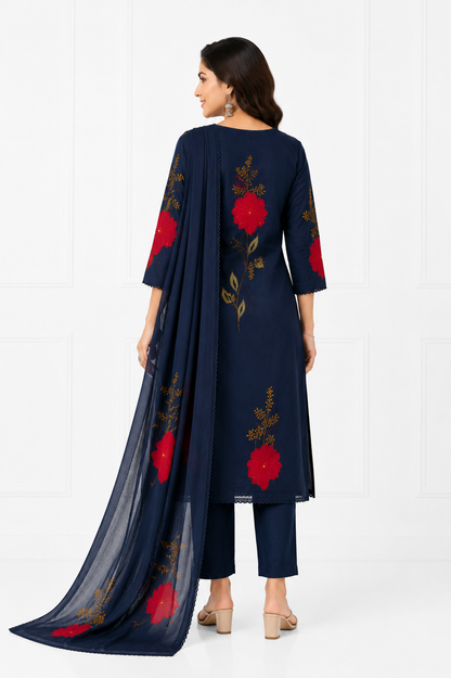 Mulmul A-Line Appliqué Embroidered Kurta Set with Attached Lining & Hand Work Dupatta for Women