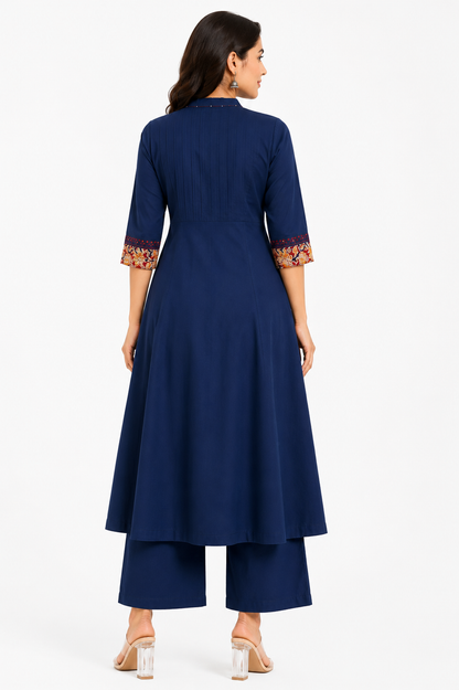 Women's Navy Blue Cotton Blend Printed A-Line Kurta with Palazzo Set