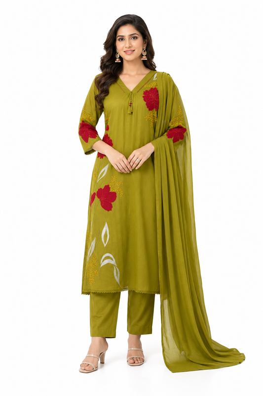 Olive Green Mulmul A-Line Appliqué Embroidered Kurta Set with Attached Lining & Dupatta for Women