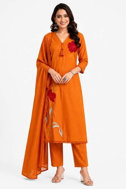 Women's Mulmul A-Line Appliqué Embroidered Kurta Set with Attached Lining, Hand Work & Dupatta