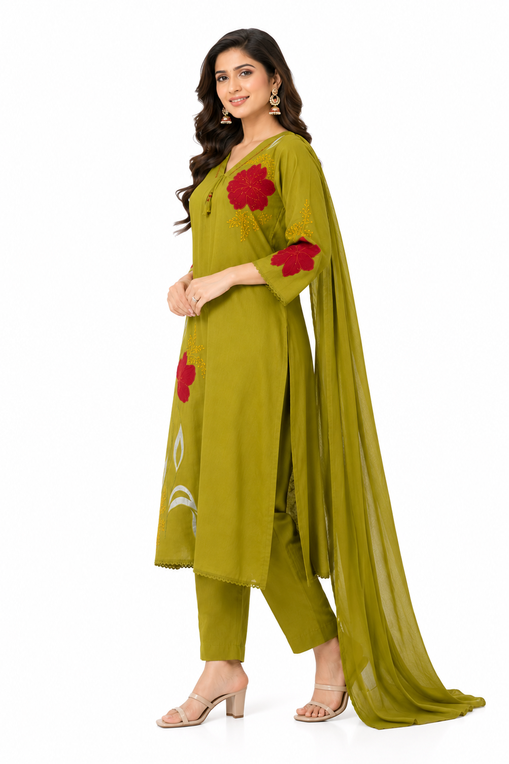 Olive Green Mulmul A-Line Appliqué Embroidered Kurta Set with Attached Lining & Dupatta for Women