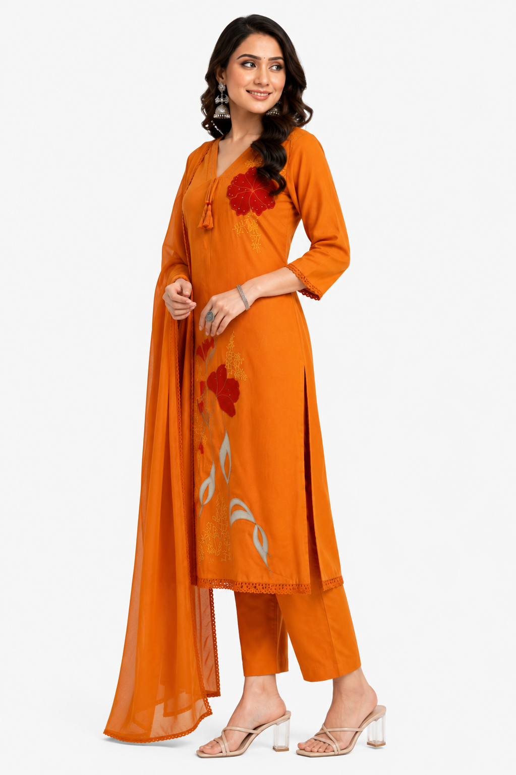 Women's Mulmul A-Line Appliqué Embroidered Kurta Set with Attached Lining, Hand Work & Dupatta