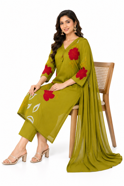 Olive Green Mulmul A-Line Appliqué Embroidered Kurta Set with Attached Lining & Dupatta for Women
