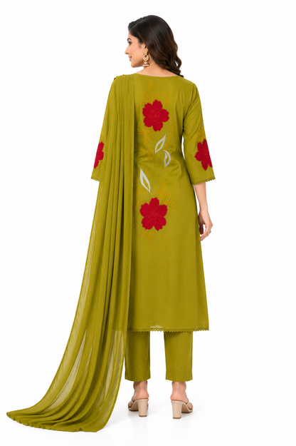 Olive Green Mulmul A-Line Appliqué Embroidered Kurta Set with Attached Lining & Dupatta for Women