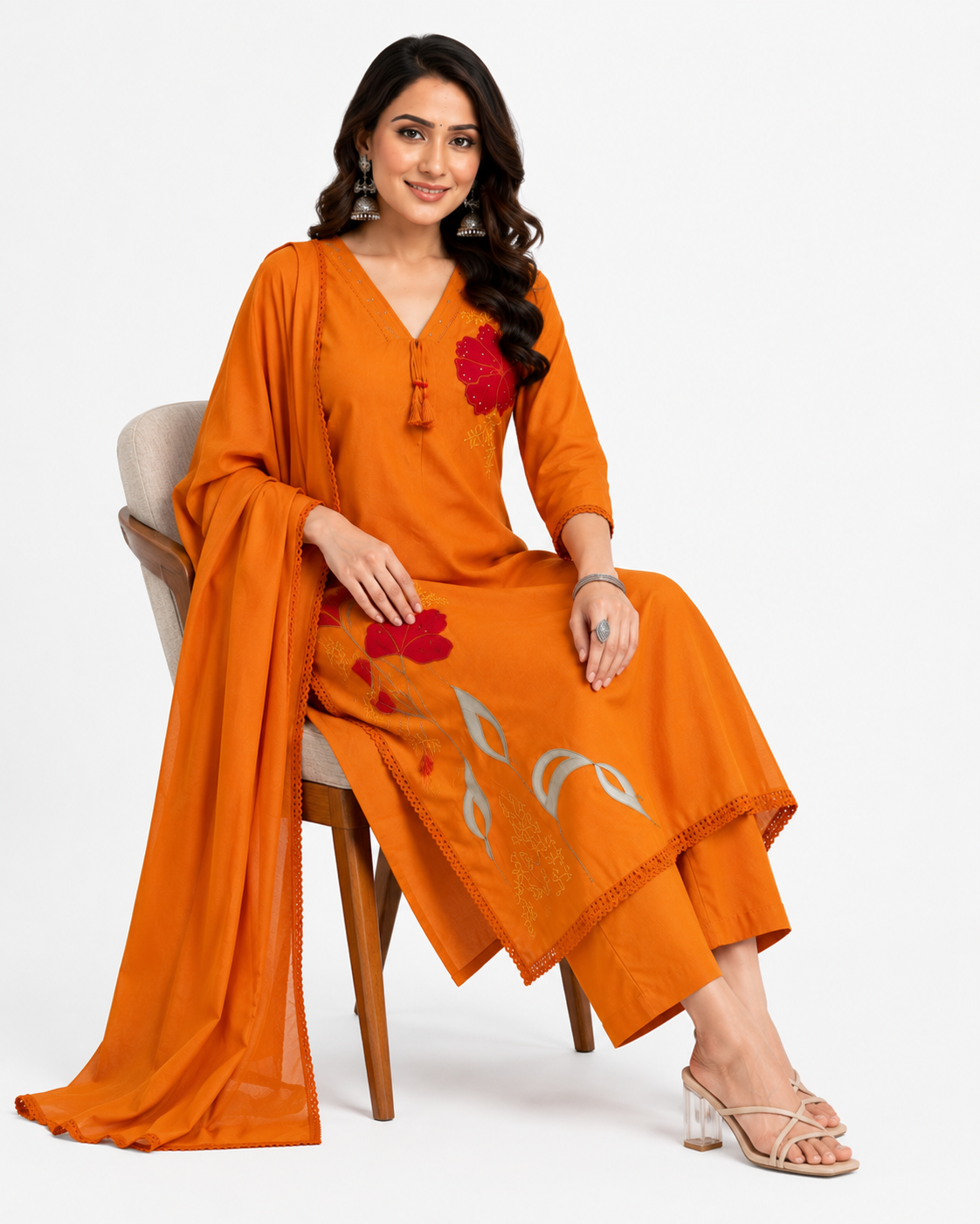 Women's Mulmul A-Line Appliqué Embroidered Kurta Set with Attached Lining, Hand Work & Dupatta
