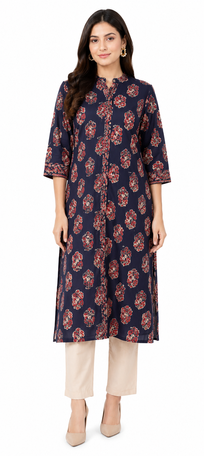 Midnight Navy Blue Cotton Printed Straight Kurta for Women | Mandarin Collar Ethnic Wear
