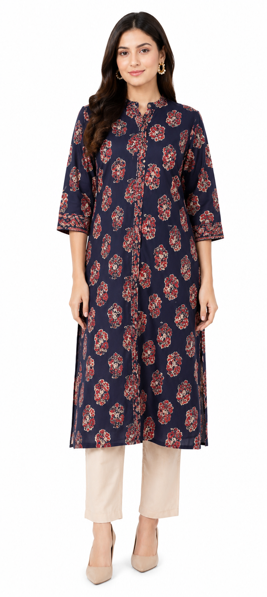 Midnight Navy Blue Cotton Printed Straight Kurta for Women | Mandarin Collar Ethnic Wear