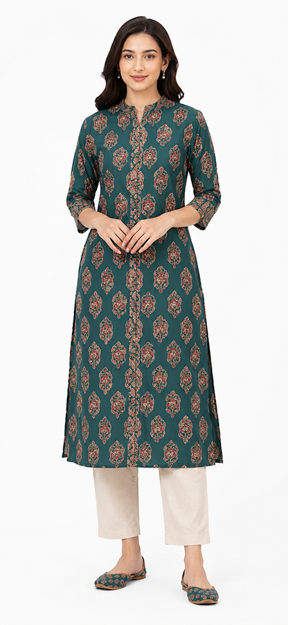 Women's Green Printed Cotton Straight Kurta