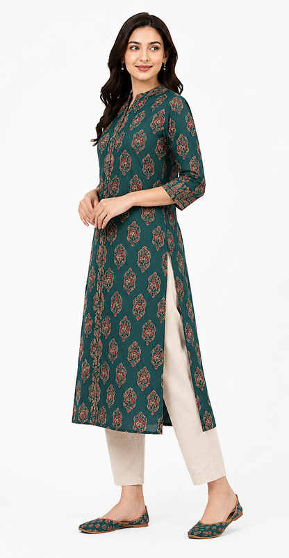 Women's Green Printed Cotton Straight Kurta