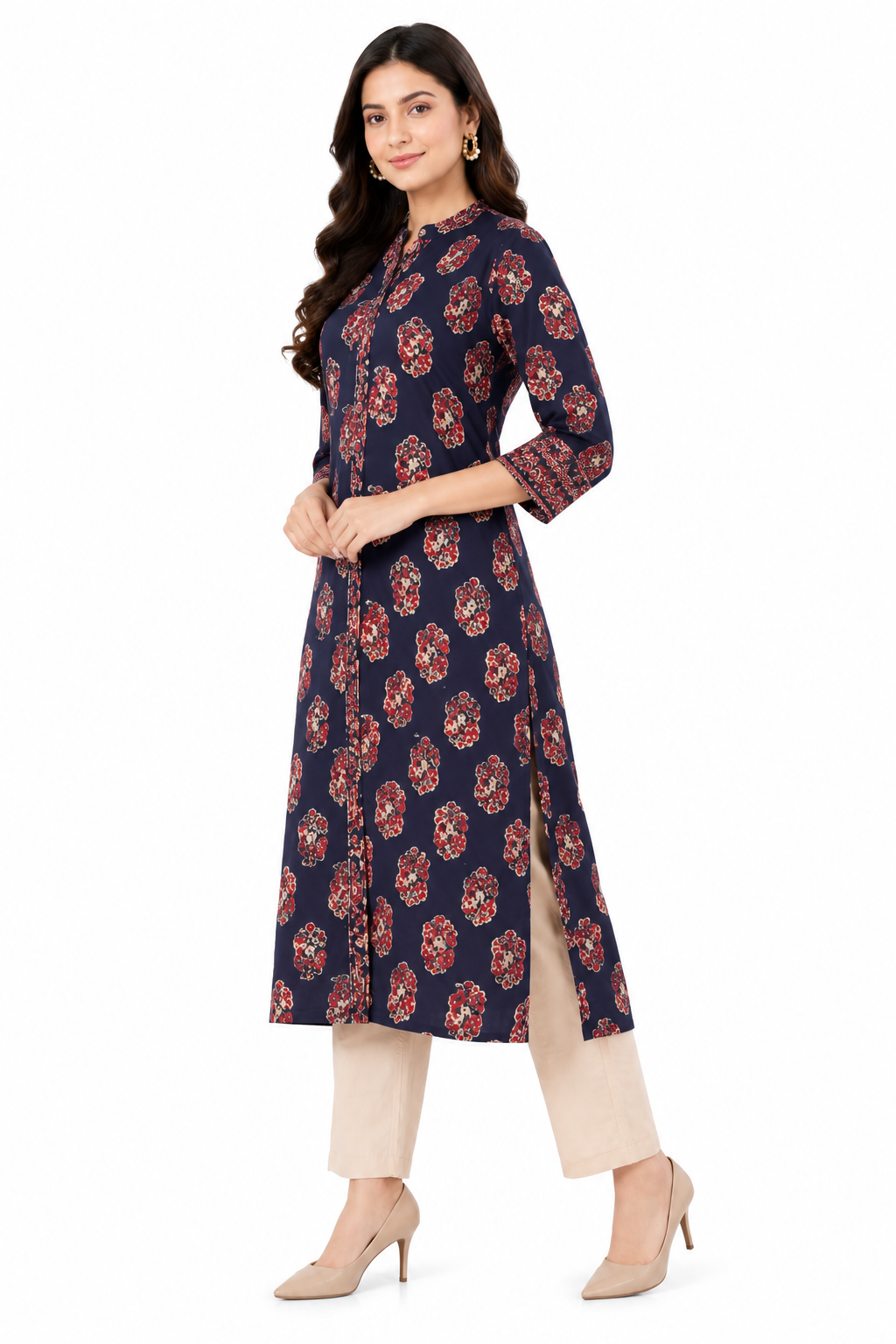 Midnight Navy Blue Cotton Printed Straight Kurta for Women | Mandarin Collar Ethnic Wear