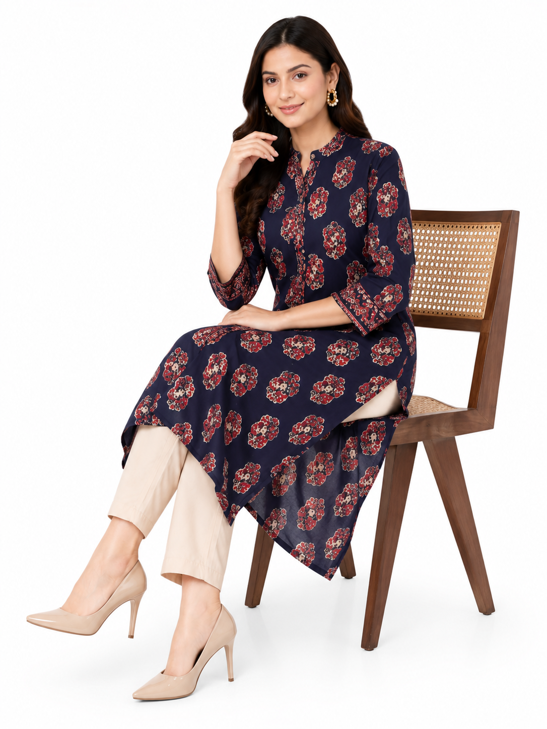Midnight Navy Blue Cotton Printed Straight Kurta for Women | Mandarin Collar Ethnic Wear