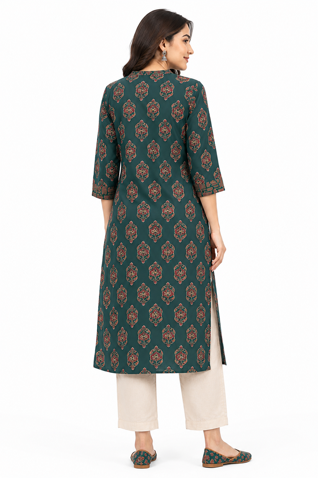 Women's Green Printed Cotton Straight Kurta