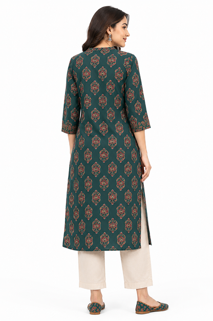 Women's Green Printed Cotton Straight Kurta