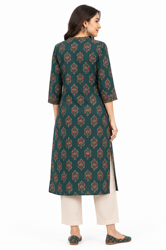 Women's Green Printed Cotton Straight Kurta