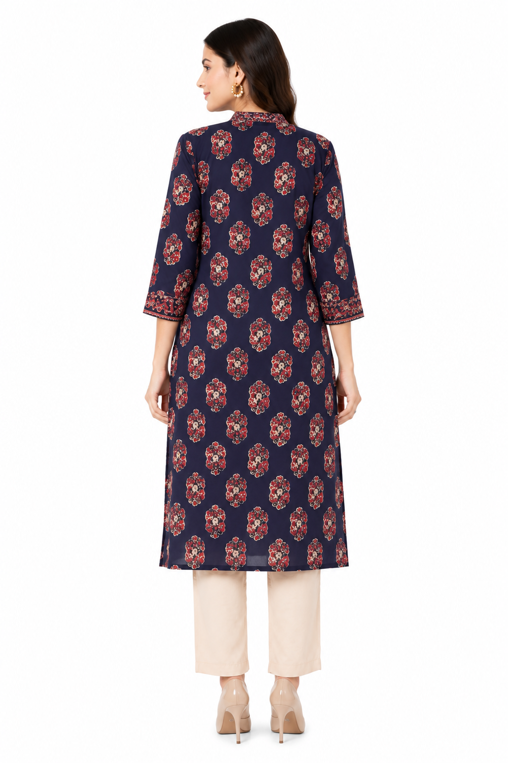 Midnight Navy Blue Cotton Printed Straight Kurta for Women | Mandarin Collar Ethnic Wear
