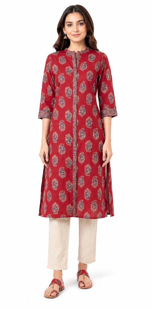 Crimson Red Cotton Printed Straight Kurta for Women | Premium Ethnic Wear
